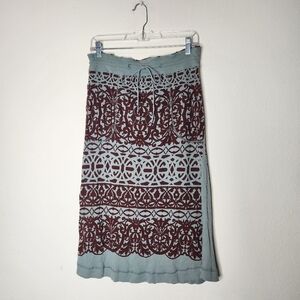 Vintage Womens Medium Batik Blue Red Boho Drawstring Midi Skirt Fringe